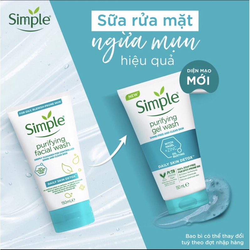 Sữa rửa mặt Simple giúp kiềm dầu và ngừa mụn hiệu quả - cho da mụn nhạy cảm 150ml