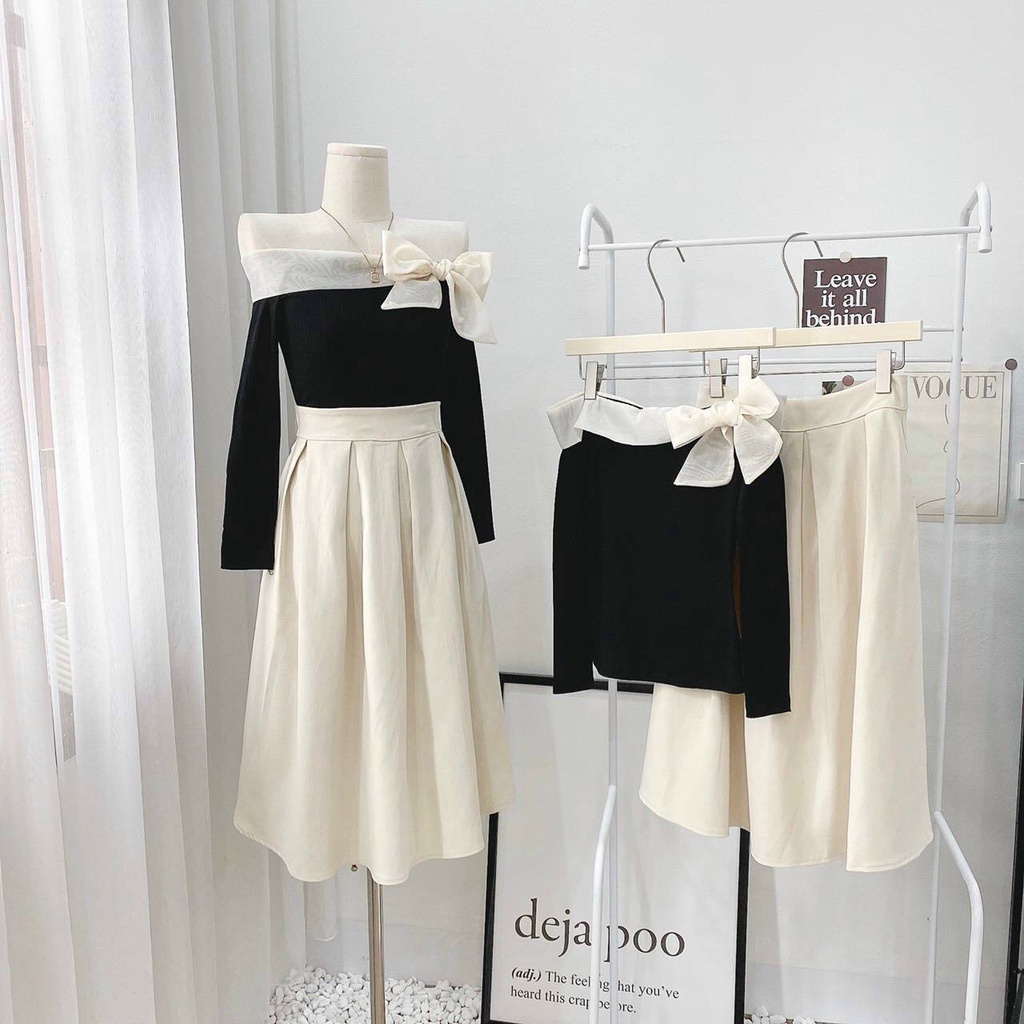 Set Bộ Thời Trang Nữ Áo Thun Tăm Dài Tay Trễ Vai Kết Hợp Chân Váy