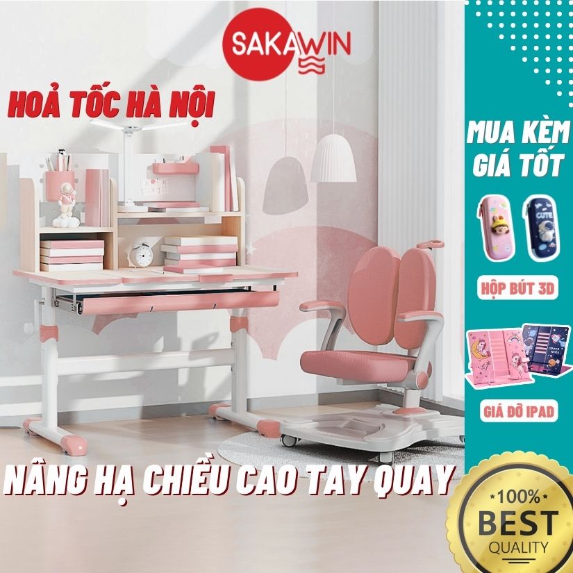 Bộ Bàn học cho bé có giá sách S80, Bàn học sinh chống gù cao cấp, Size vừa 80cm Nâng hạ tay quay cao cấp Giá nhập