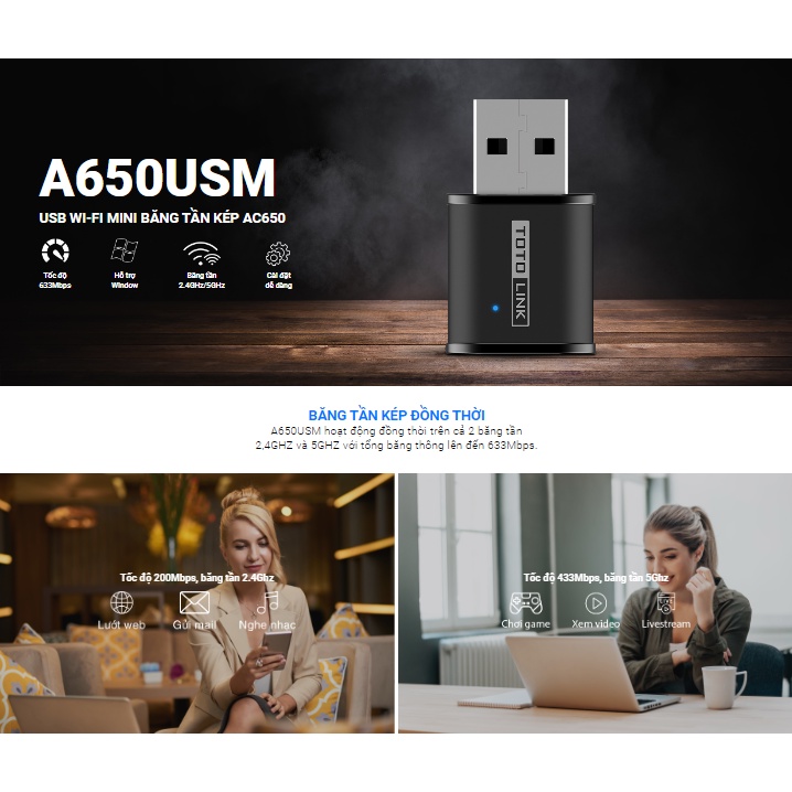 Usb wifi 5ghz và 2,5ghz băng tần kép AC650 TOTOLINK A650USM