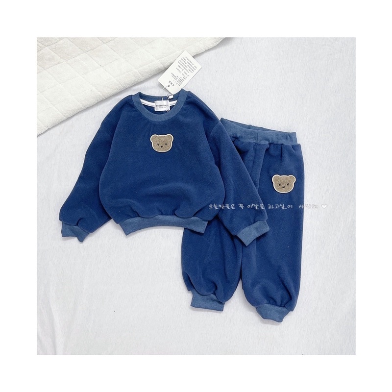 Set bộ nỉ gấu cho bé trai bé gái, đồ bộ dài tay thu đông mẫu trơn họa tiết gấu cổ tròn cực xinh phối đồ dễ 4 màu hot