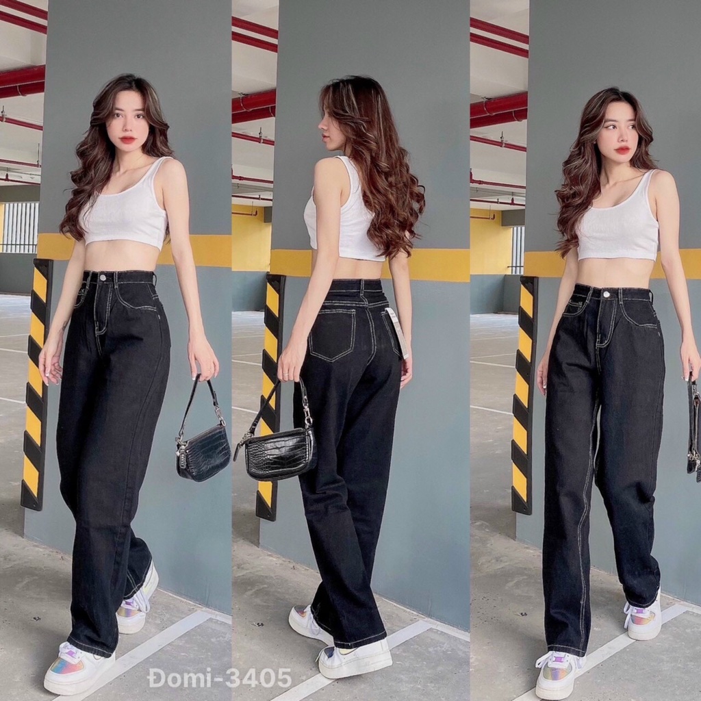 Quần jeans đen ống rộng cạp cao fullsize Unisex - Quần bò cạp cao ống suông kiểu dáng cá tính trẻ trung