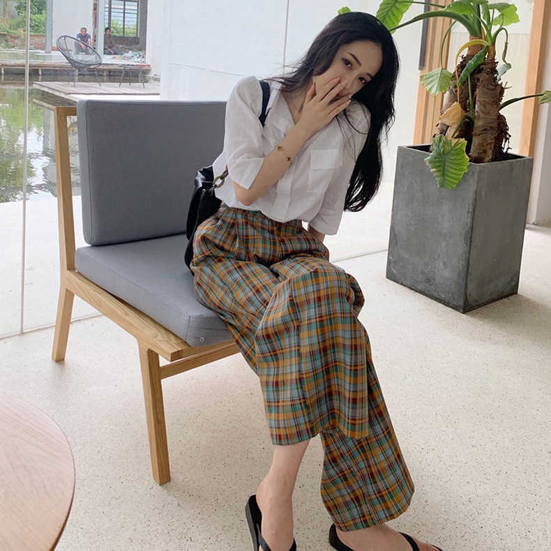 [Hàng Có Sẵn] Quần Dài Ống Rộng Mỏng Lưng Cao Sọc Caro Nhỏ Phong Cách Hàn Quốc