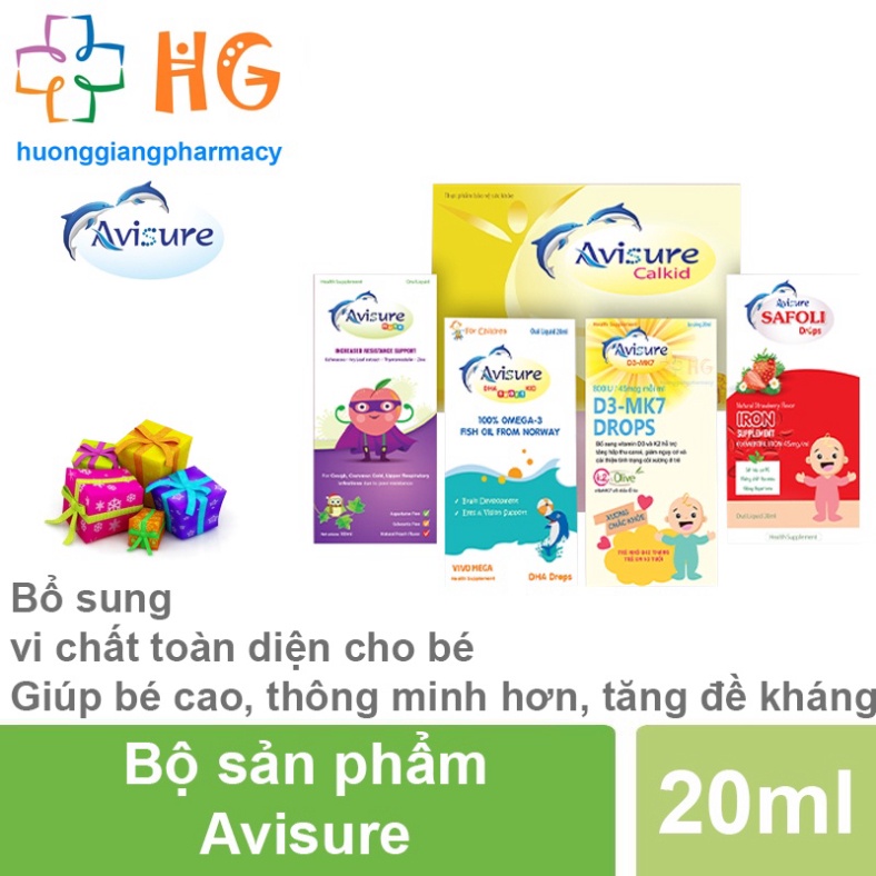 Bộ sản phẩm Avisure bổ sung vi chất toàn diện cho bé D3 mk7 drops DHA smart kid Safoli drops Avisure muno Calkid