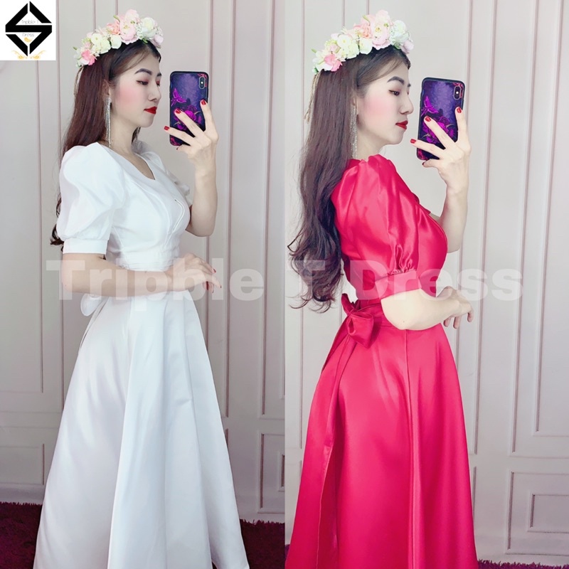 Đầm xoè cưới đi bàn nhẹ nhàng TRIPBLE T DRESS bo eo tay phồng nơ lưng - size S/M/L -MS103Y