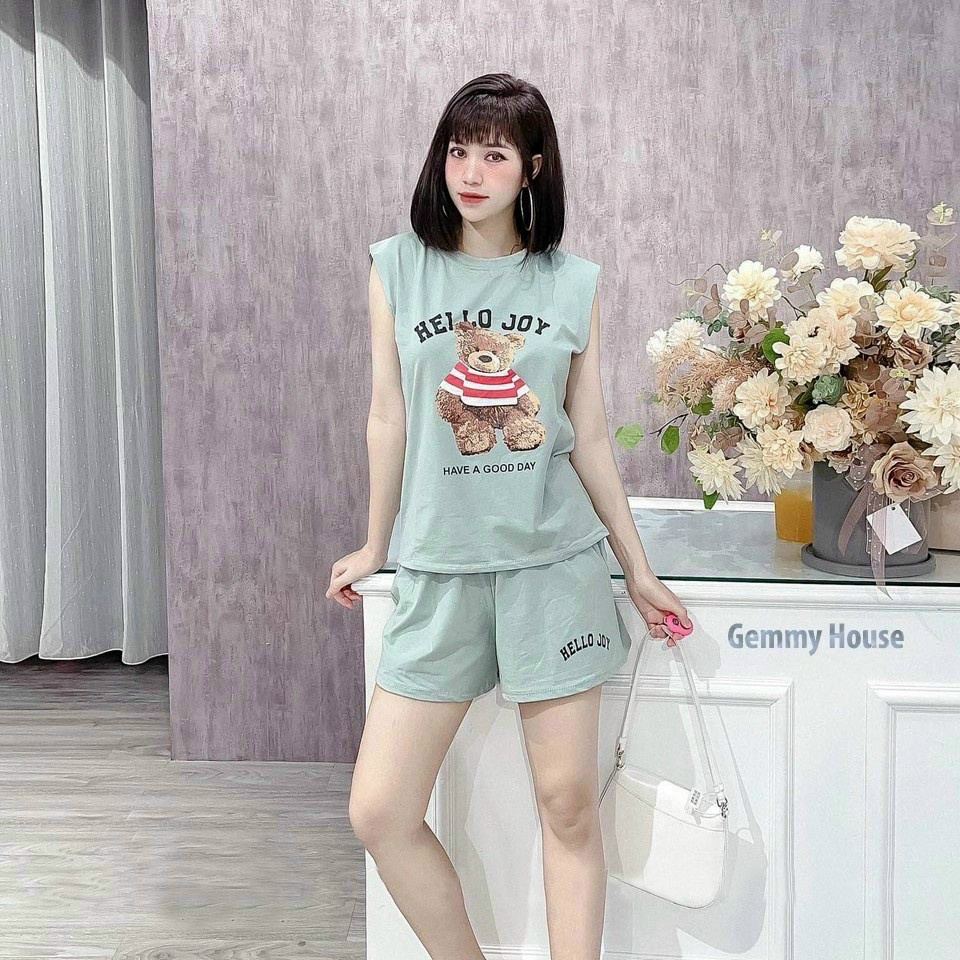 (Miễn phí ship 2022) Sét bộ đùi nữ,bộ sát nách in gấu cute có túi,chất cotton mát mịn chuẩn shop,lên from xinh xĩu