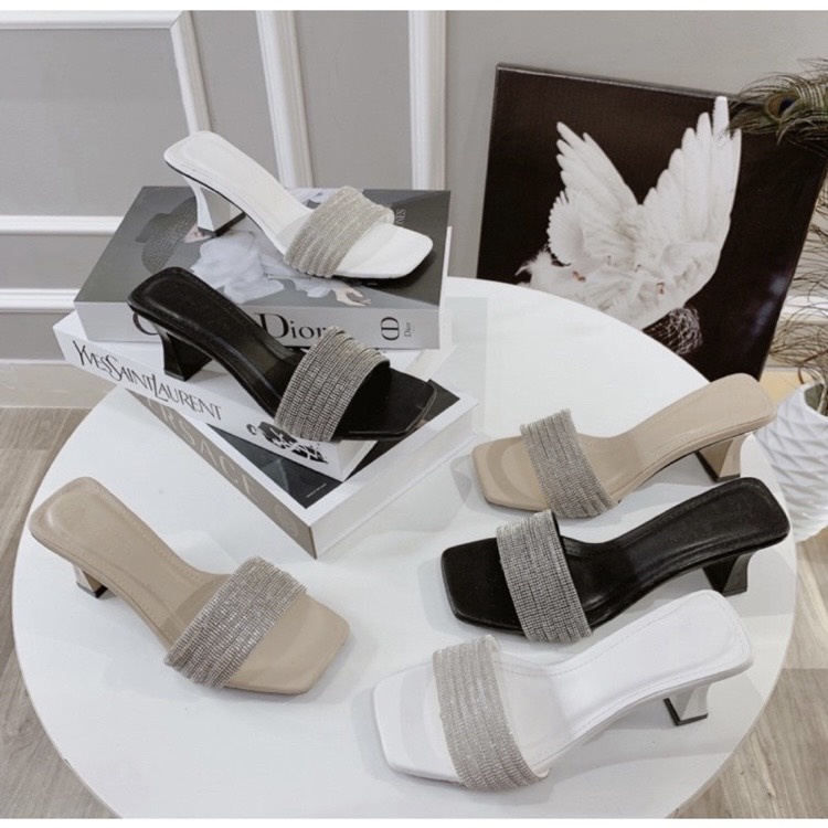 Guốc cao gót nữ bigsize mũi vuông quai ngang bản xoàn dây gót trụ 5 phân G009