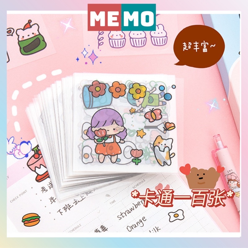 Sticker, nhãn dán Hộp 100 tờ  MEMO không trùng hình dán cute trang trí bullet journal