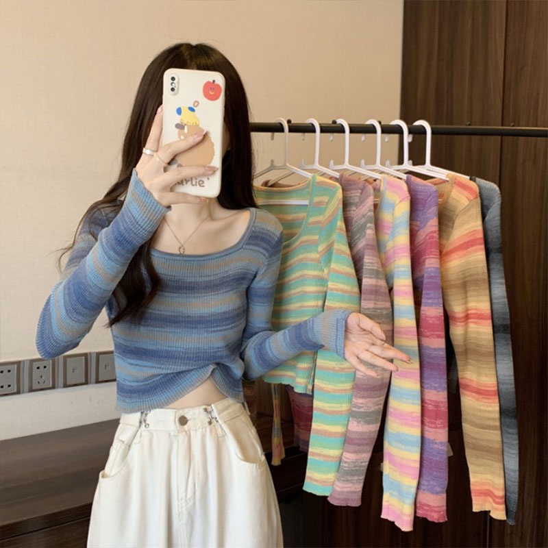 Áo Dệt Kim Tay Dài Dáng Ôm Họa Tiết Kẻ Sọc Thời Trang Hàn Quốc Cho Nữ