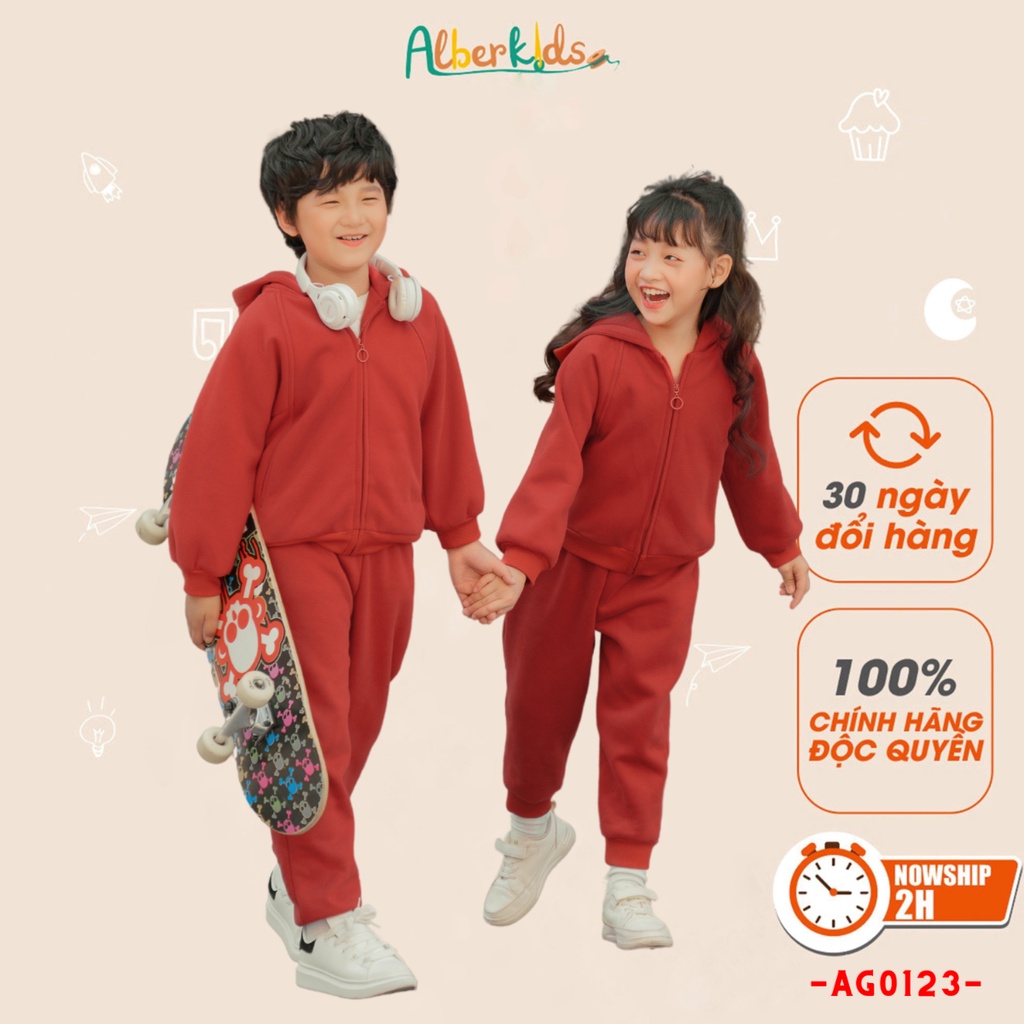 Bộ nỉ thu đông hoodie ALBERKIDS có mũ cho bé trai, bé gái 2,3,4,5,6,7,8,9,10,11,12 tuổi [AG0123]