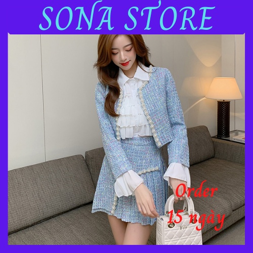 Set dạ tweed nữ tiểu thư mùa đông bigsize hồng xanh be áo khoác chân váy sang chảnh bánh bèo hàng quảng châu cao cấp