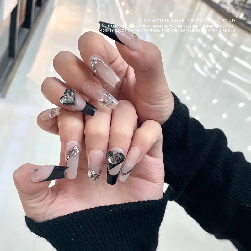 Bộ 5 Phụ Kiện Trang Trí Móng Tay Màu Xám Đen Đính Đá Kim Cương Hình Vuông / Trái Tim / Ax / Béo