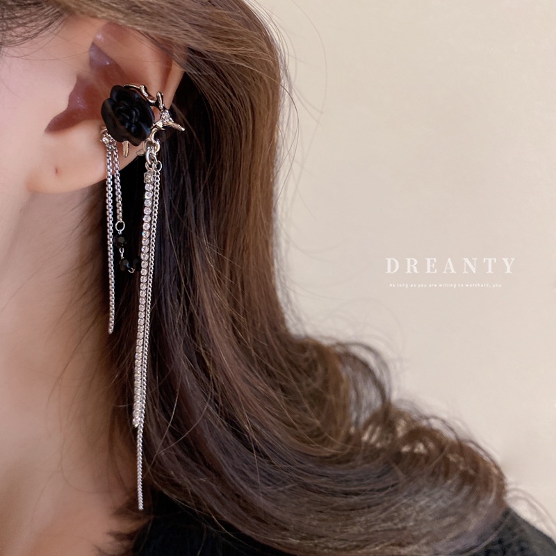 Bông Tai Tua Rua Đính Kim Cương Pha Lê Hoa Hồng Đen Không Xỏ Lỗ Phong Cách Cá Tính Ngọt Ngào Dành Cho Nữ