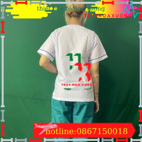 Bộ blouse cổ tim viền XANH DƯƠNG nam nữ cộc tay - bộ scrubs kỹ thuật viên cho điều dưỡng, dược sỹ, y tá, bác sĩ