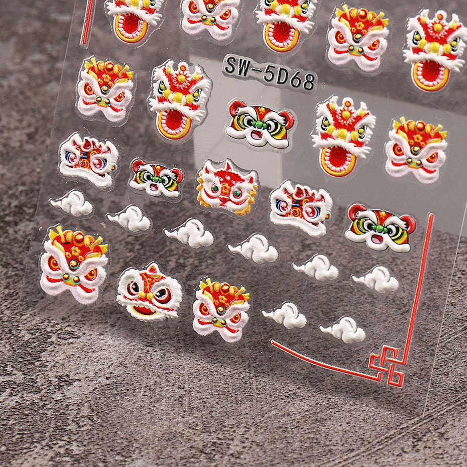 Miếng dán trang trí móng tay STZPRONAIL họa tiết sư tử năm mới dập nổi 5D phong cách Trung Hoa dễ thương