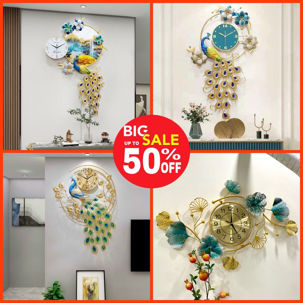 Đồng Hồ Treo Tường Con Công, Trang Trí phòng Khách, Spa, Salon, Decor nội thất Cao Cấp, Quà tặng Tân gia, Khai trương