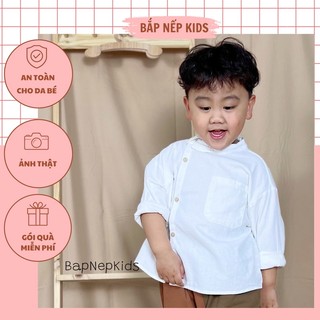 Áo sơ mi trắng dài tay bé trai phong cách Hàn Quốc. Sơ mi trắng bé trai nút cài một bên thời trang