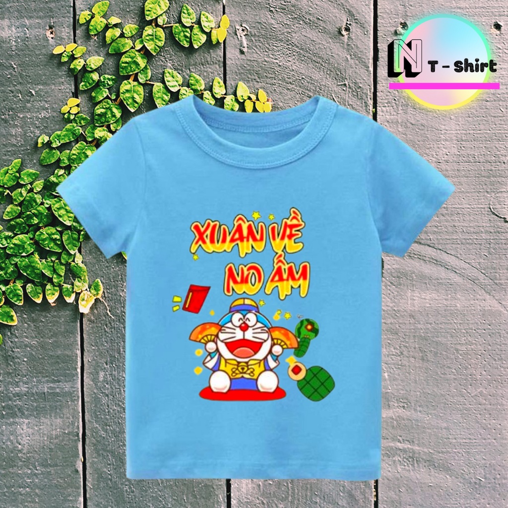 Áo thun Tết 2023 in hình Doraemon Xuân Về No Ấm cho bé trai và bé gái, Áo cotton mặc mát thoải mái NTShirt