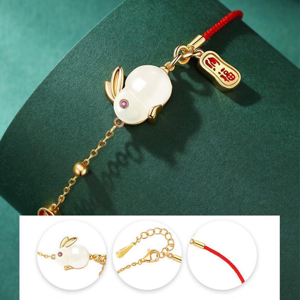 Cửa Hàng Cổ Tích| Vòng Tay Bện Dây Đỏ Đính Ngọc Bích Giả Mặt Hình Thỏ Bằng Hợp Kim Cho Nữ