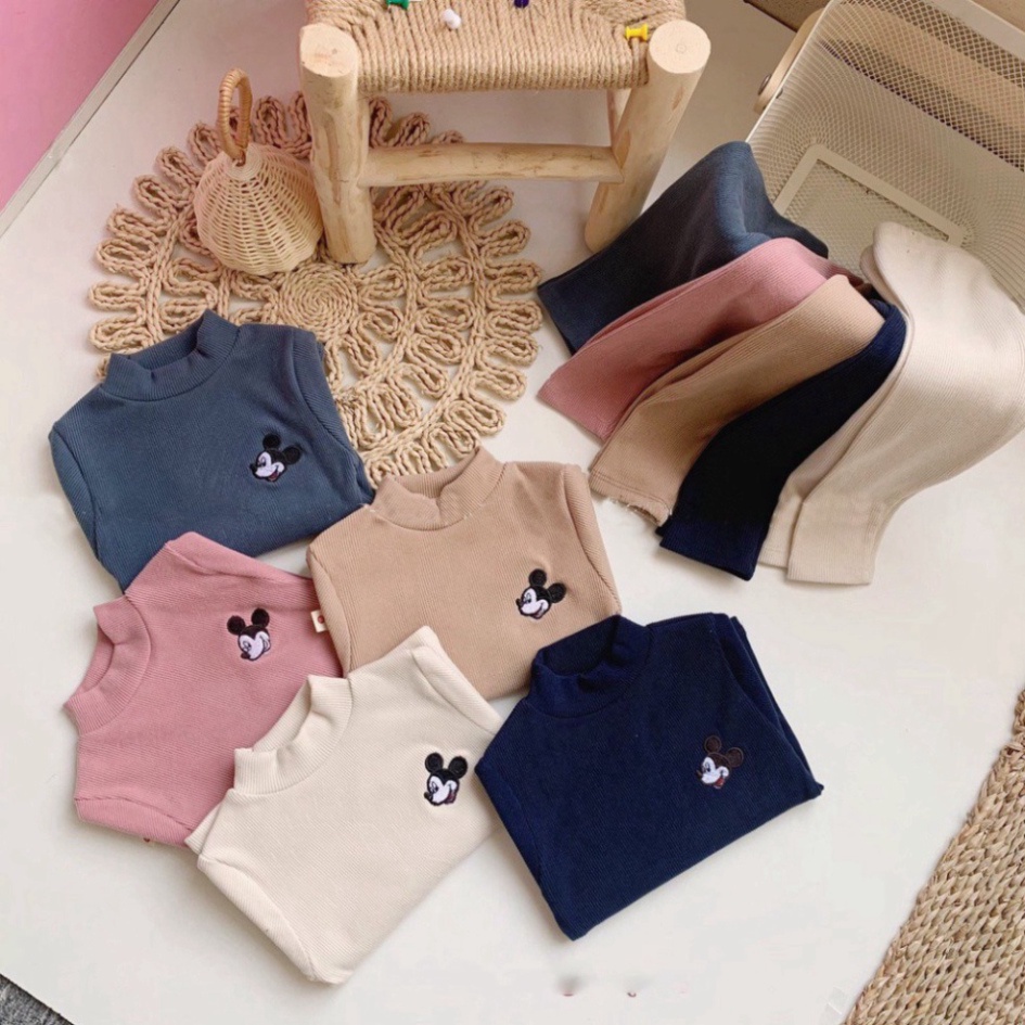 Bộ Quần Áo Thu Đông Bé Trai, Bé Gái, Bộ Len Tăm Dài Tay Cổ 3 Phân Giữ Ấm Mềm Mại Thêu Hình Mickey Cho Bé M005