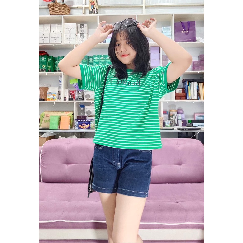 5️⃣6️⃣ áo thun lửng cotton 4c, áo thun croptop sọc in cổ tròn tay ngắn hàng vnxk tuyenphan bigsize