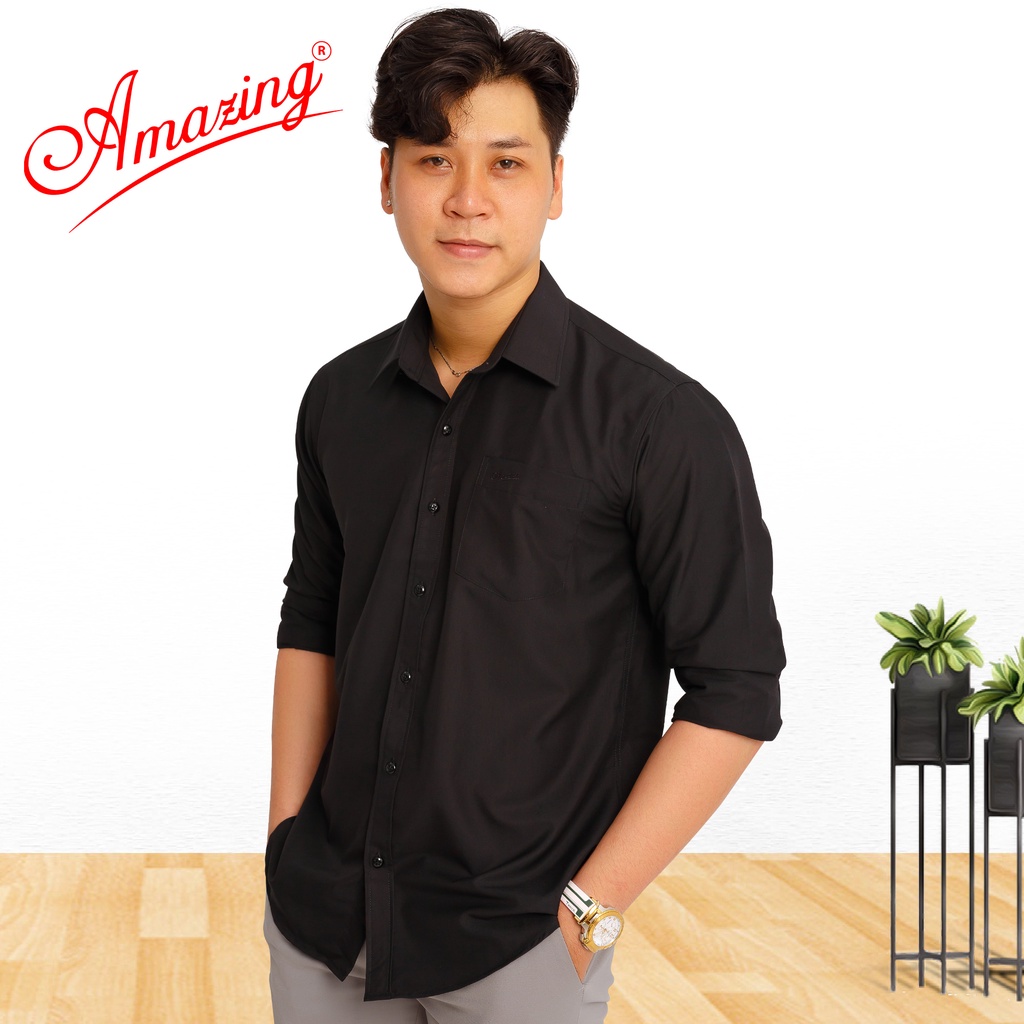 Áo somi nam màu đen, thời trang Amazing cao cấp, chất vải mịn, mát, form basic (có tới size 100kg), vạt bầu, tay dài