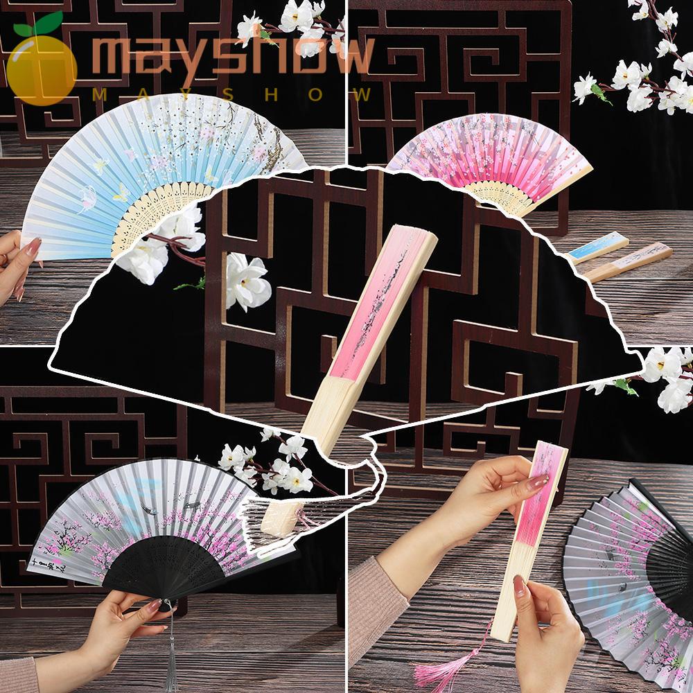Quạt Xếp Cầm Tay Bằng Tre Và Lụa Họa Tiết Hoa Trang Trí Nhà Cửa