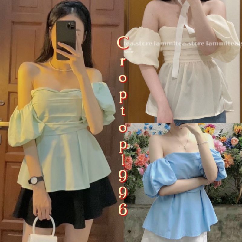 Áo kiểu tay bồng trễ vai - Áo tiểu thư babydoll vải voan 2 lớp xếp ly A14