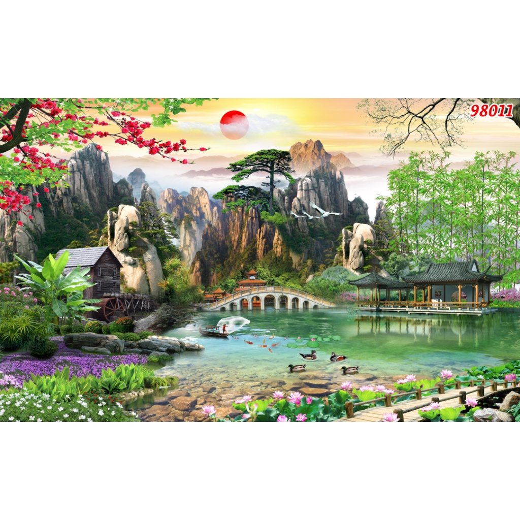 Tranh SƠN THUỶ phong cảnh thiết kế đẹp theo xu hướng Tranh dán tường phòng khách thiên nhiên đẹp nhất