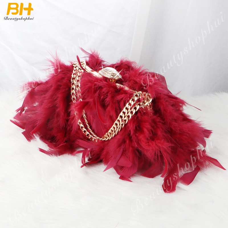 Túi Xách Dự Tiệc Đeo Vai Đính Lông Vũ Thổ Nhĩ Kỳ Phối Dây Xích Kim Cương Kiểu Âu Mỹ 2022 Mới
