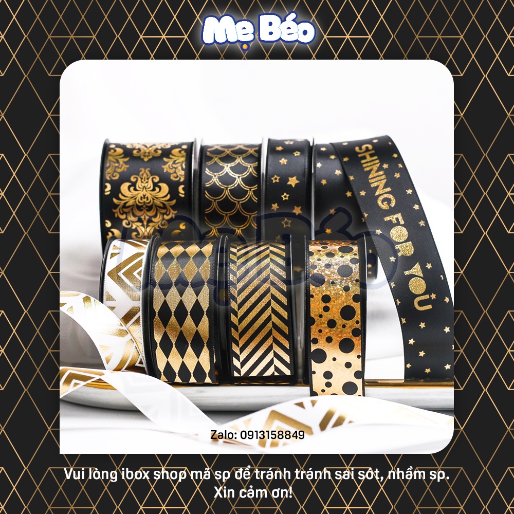 Ruy băng chữ & họa tiết bản kim tuyến vàng 2.5cm/4cm đẹp chất lượng tốt