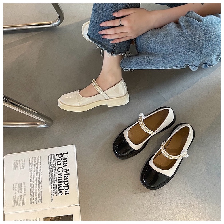 Giày búp bê có quai Mary Jane phối màu quai xích đế cao 3.5cm Yannie Lolita