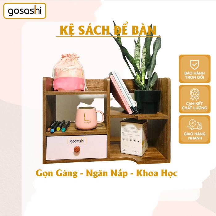 Kệ Sách, Kệ Sách Để Bàn Học, Bàn Văn Phòng Hồ Sơ, Tài Liệu Màu Nâu và Vân Gỗ MDF Dày Dặn Bền Đẹp Gosashi