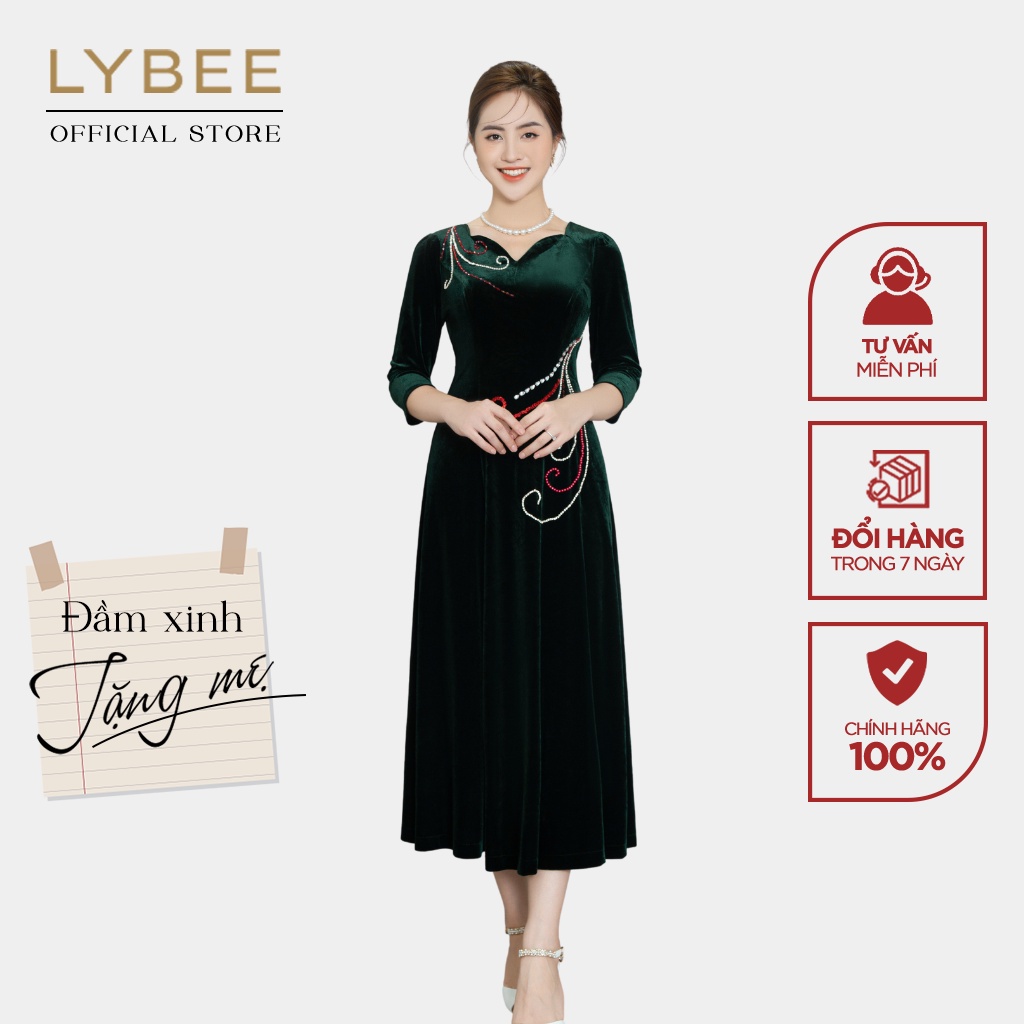 Đầm trung niên nữ thiết kế LYBEE LV799 quà tặng cho mẹ chất nhung cao cấp tay lỡ thu đông màu tím đỏ xanh