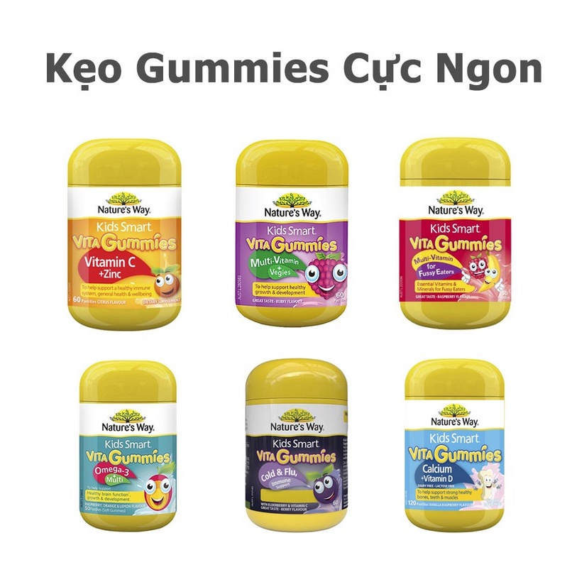 Kẹo Dẻo bổ sung Vitamin C /Kẽ /Rau cũ/Mutivitamin/Omega-3 Gummies Nature’s Way Úc 60v bé từ 2 tuổi