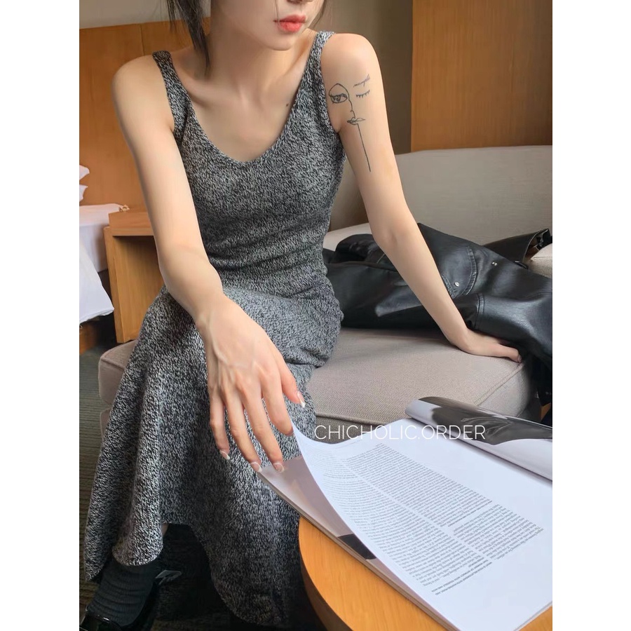 Váy hai dây màu muối tiêu dáng dài new hot phong cách retro