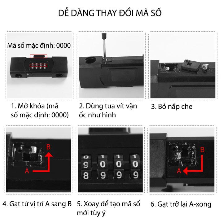 Khóa số chữ U móc dài U701 cho cửa kính, xe máy, loại 4 số có thể thay đổi được mã số