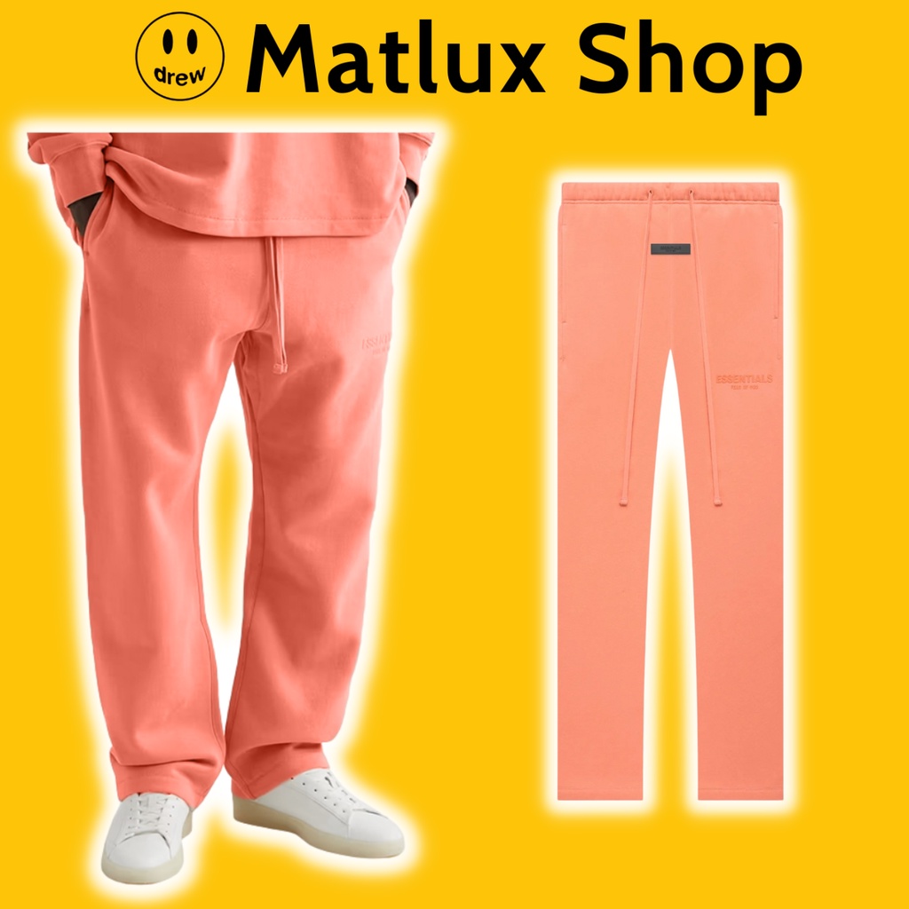 Quần pants FEAR OF GOD FOG ESSENTIALS RELAXED Coral 22SS cao cấp, Quần nỉ nam ESSENTIALS in chữ nhung chất liệu nỉ bông
