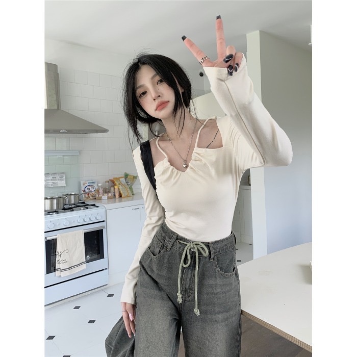 Áo Sơ Mi Tay Dài Cổ Chữ V Quyến Rũ Phong Cách Hàn Quốc Mới