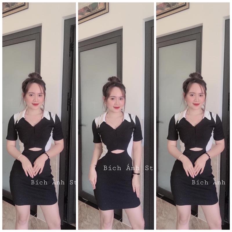 đầm cổ bẻ dây kéo phối thiết kế thanh lịch thích hợp đi chơi đi tiệc đều xinh