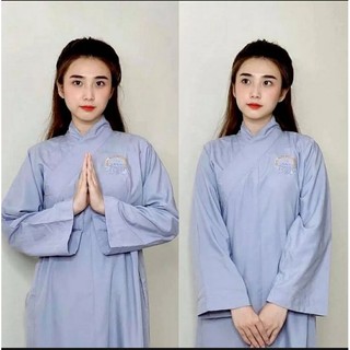 Áo tràng phật tử thêu hoa sen vải kate loại 1,vải tằm nhung