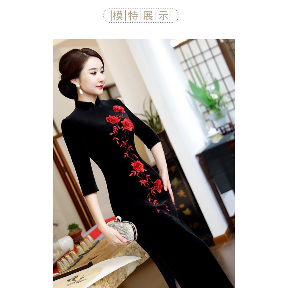 Đầm Sườn Xám Chất Nhung Dáng Ôm Thêu Họa Tiết Sang Trọng Thời Trang Xuân Thu Cho Phụ Nữ Trung Niên