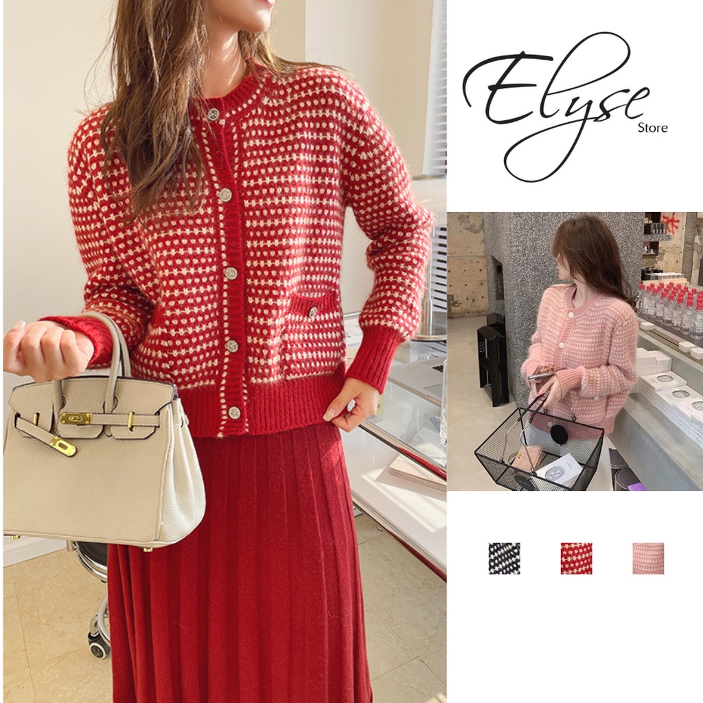 Áo khoác len cardigan nữ tay dài 2 màu tương phản caro ziczac cổ tròn lông thỏ mềm mịn hàng Quảng Châu đẹp D-12 CS