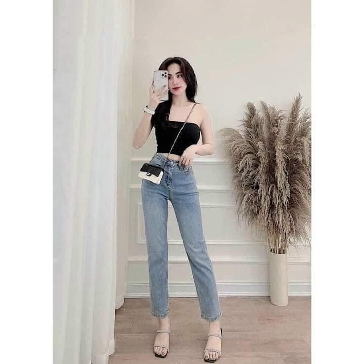Quần jean suông mác da xẻ gấu cho nữ