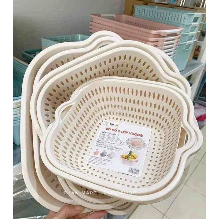 Bộ rổ nhựa vuông 2 lớp Việt Nhật - Bộ Rổ Chậu 6 món Ráo Nước 2 Lớp Tiện Lợi,Rổ Đựng Rau, Hoa Quả