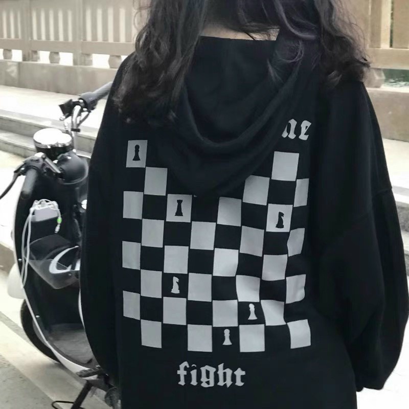 Áo hoodie nỉ 2za nam nữ unisex form rộng in HÌNH BÀN CỜ màu đen, Áo khoác ngoài ulzzang tay bồng phong cách Hàn Quốc