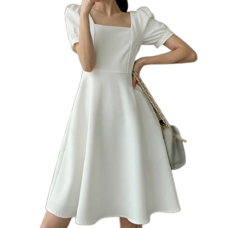 Đầm Midi Dáng Chữ A Tay Ngắn Phồng Cổ Vuông Màu Trơn Kiểu Retro Xinh Xắn Cho Bạn Gái