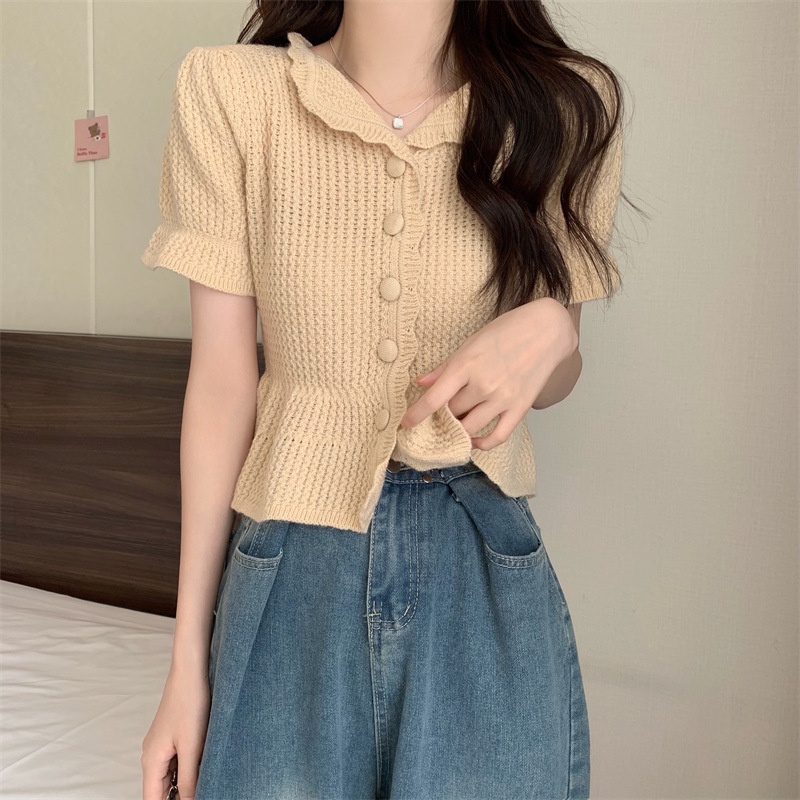 Áo len nữ cộc tay - len dệt kim co giãn nhẹ freesize dưới 50kg dáng babydoll cài cúc 3 màu xinh