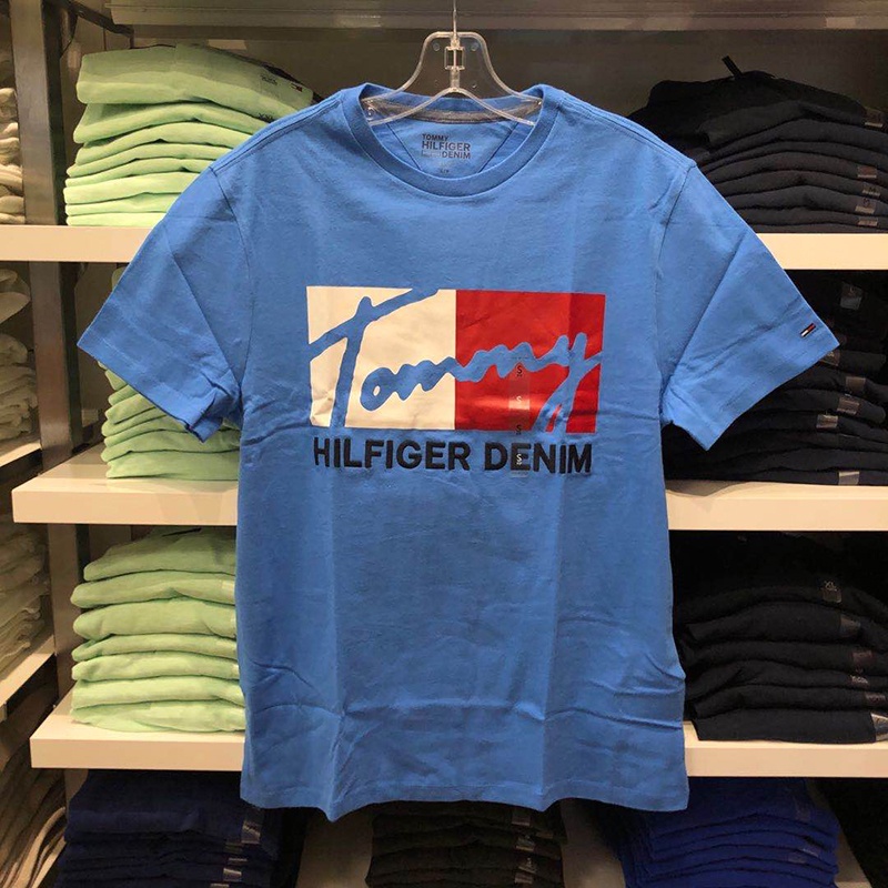 Áo Thun Cotton Nguyên Chất Tommy Có Cổ In Chữ Và Nhãn Dán Cho Cặp Đôi