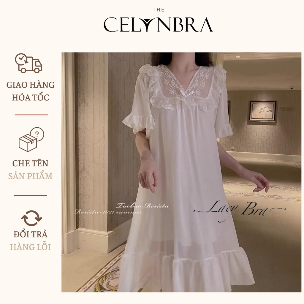 Váy ngủ voan mỏng kiểu dáng suông dài cổ điển phối bèo siêu xinh THE CELYNBRA - V15